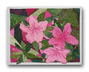 Inspired by a photo of my husband's wonderful azaleas taken in May of 2006. Machine pieced and appliqu�. Embellished with ink and Swarovski crystals.